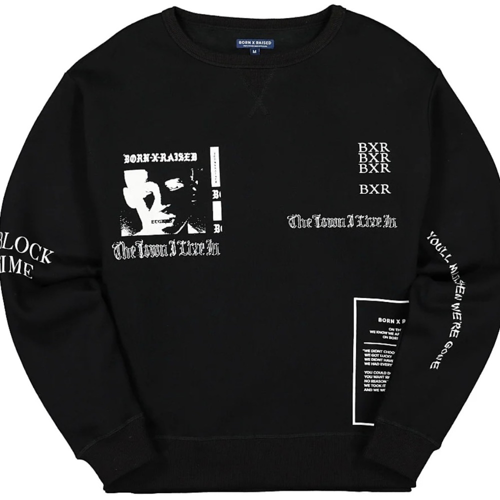 BORN X RAISED Black Eugene Graphic Logo Crewneck Sweatshirt, M